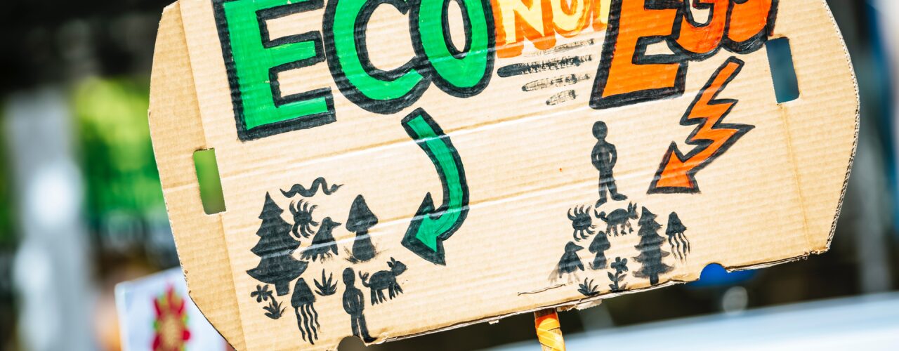 person holding Eco Not Ego signage