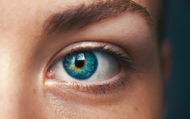 selective focus of blue-eyed person