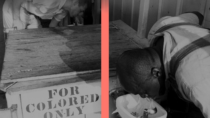 A picture of men using a segregated water fountain. Systems do change: four lessons from the civil rights movement in the US.