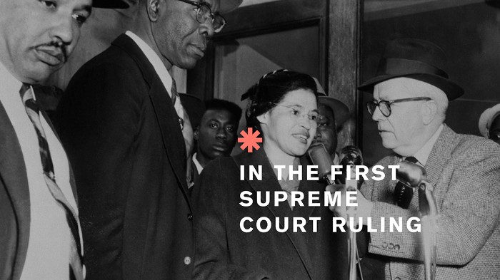 A picture of Rosa Parks interviewed after the 1956 Supreme Court ruling which made segregation unconstitutional. Systems do change: four lessons from the civil rights movement in the US.