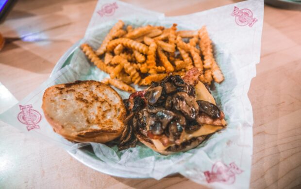 burger and potato fries on plate