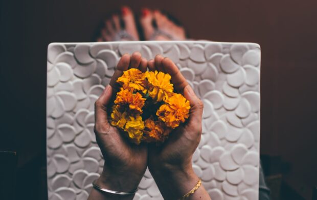 person hand holding yellow flowers