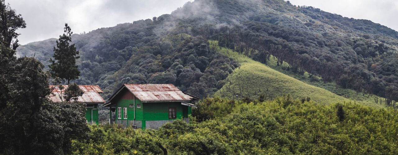 green and brown house on top of green mountain