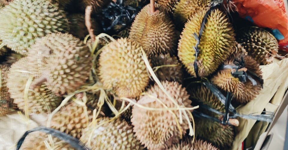 green and brown fruit on white textile