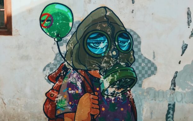 person wearing respirator mural