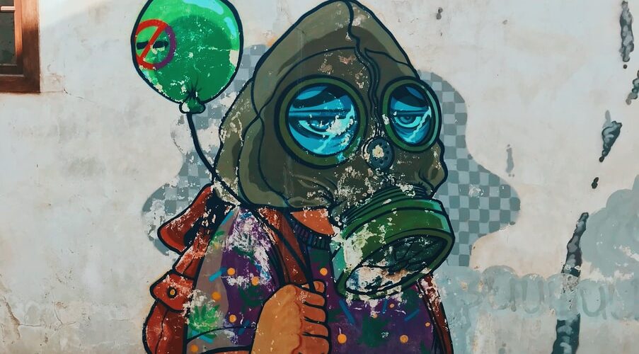 person wearing respirator mural