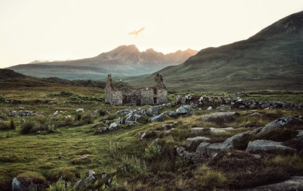 concrete ruins under white sky