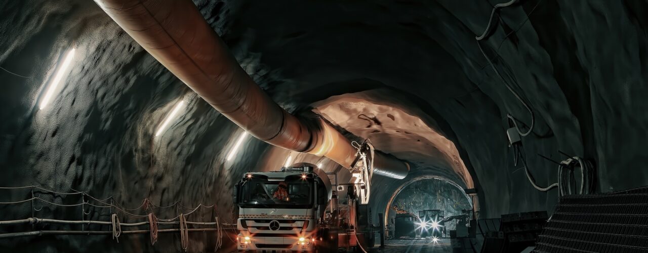 red and black truck in tunnel