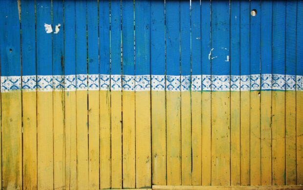 yellow and blue wooden fence