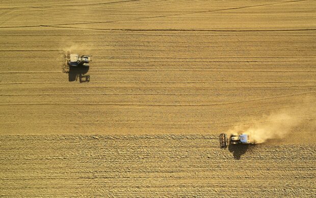 aerial view of two harvesters on brown field