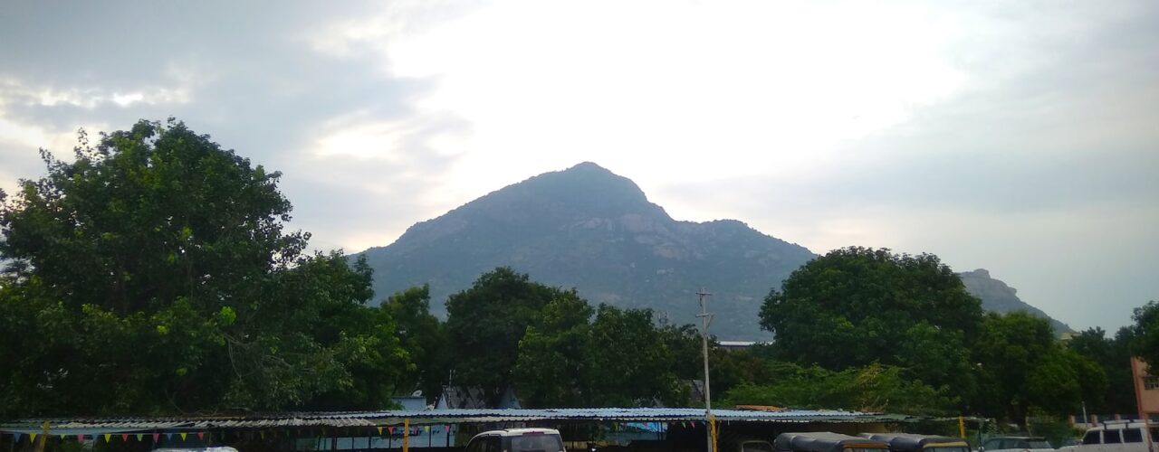 a parking lot with several buses parked in front of a mountain